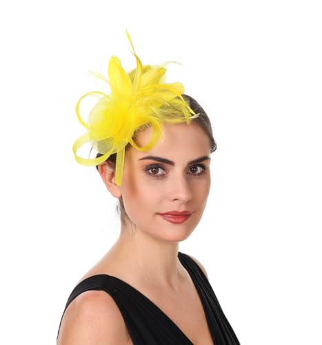 SAFERIN Women's Fascinators Feathers Tea Party Hat Veil Headband with Hair Clip for Cocktail Church - color: M-yellow