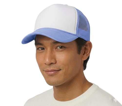NYFASHION101 Plain Mesh Trucker Hat - Breathable 6-Panel Daily Snapback Cap, Customizable Ideal for DIY Embroidery & Patches - color: Lt Blue/White
