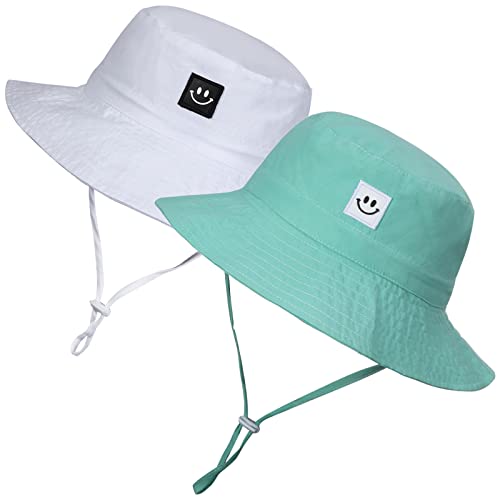MaxNova Baby Sun Hat Smile Face UPF 50+ Toddler Bucket Hat for Boys Girls 0-7 Years - color: 2pack Smile Face Auqa/White, size: 2-7 Years