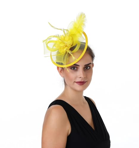 Women's Organza Church Vintage Wedding Fascinator Tea Party Wedding Hat Summer - color: Hj11-a Yellow