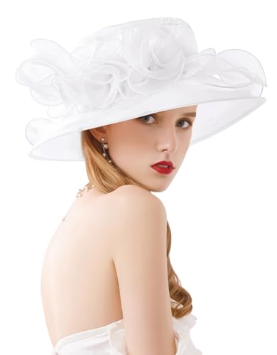 Women Derby Fascinator Hat Organza Church Wedding Hats Wide Brim Cocktail Tea Party Hat - color: 12 White