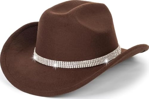 Vintage Roll Up Western Cowboy Hat for Men Women Cowgirl Fedora Hats Black/Brown Different Decorative Band M - color: Brown