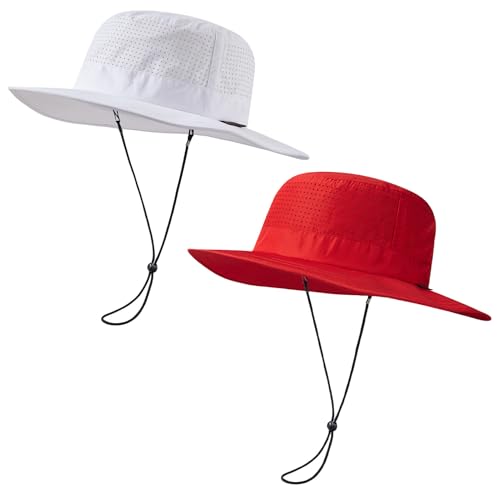 UPF 50+ Bucket Sun Hat with Laser Perforated Mesh Cooling Adjustable Breathable Lightweight for Outdoor Men Women - color: White & Red