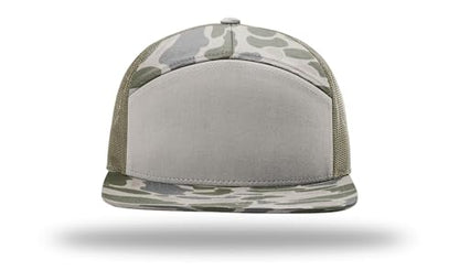 Richardson 168 168P Hat 7-Panel Trucker Cap Hi-Pro Snapback Cap Camo Hat Adjustable Baseball Hat Blank Hat Bulk Hats - color: Marsh Duck Camo/Loden