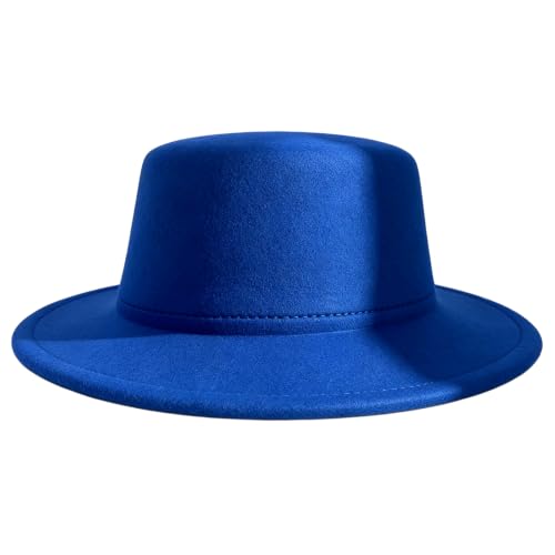 Black Flat Top Fedora Hat, Wool Blend Derby Cap Classic Formal Hat for Events & Daily Wear - color: Blue