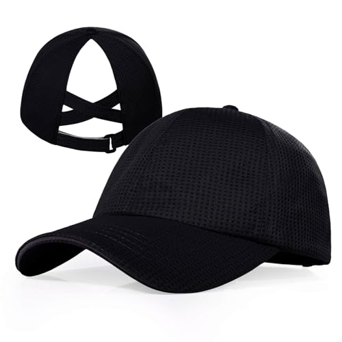ZTL Womens High Ponytail Baseball Cap Performance Mesh Hat, Lightweight Quick Dry Race Day Running Hat with Reflective Trim - color: Black