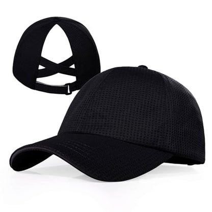 ZTL Womens High Ponytail Baseball Cap Performance Mesh Hat, Lightweight Quick Dry Race Day Running Hat with Reflective Trim - color: Black