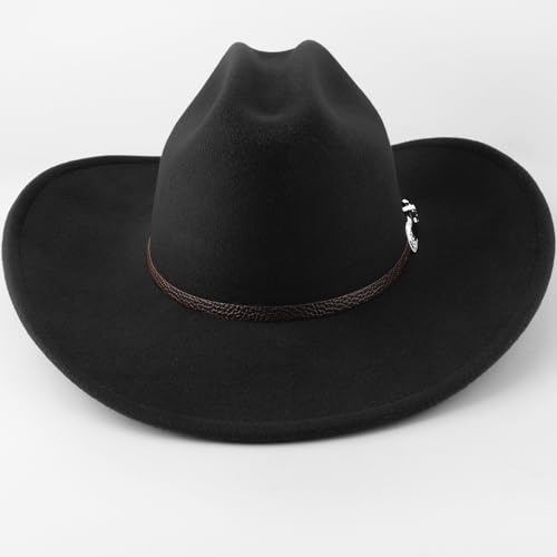 AQOKKA Western Cowboy Hats for Women Classic Felt Wide Brim Fedora Hat with Belt Buckle Retro Panama Hat Unisex Rolled up Cap - color: 1 Pc Fedora Hat : Black