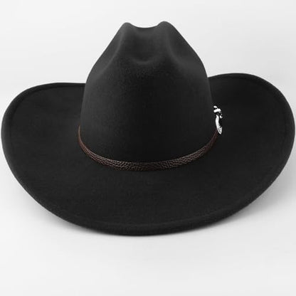 AQOKKA Western Cowboy Hats for Women Classic Felt Wide Brim Fedora Hat with Belt Buckle Retro Panama Hat Unisex Rolled up Cap - color: 1 Pc Fedora Hat : Black