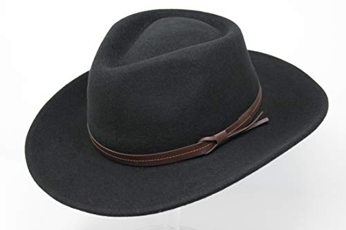 Borges & Scott Hardy - Lightweight Wide Brim Fedora - Leather Band - 100% Wool Felt - Crushable for Travel - Water Resistant - color: Black, size: Medium