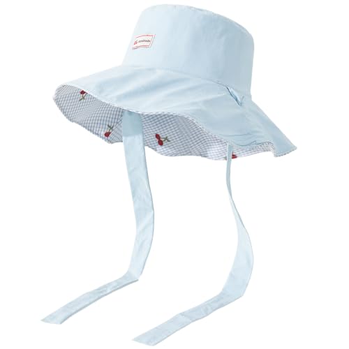 Women's Reversible Bucket Sun Hat with Cherries Embroidered Pattern, UPF 50+ UV Protection, Water Resistant for Beach Hiking - color: Light Blue