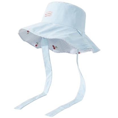 Women's Reversible Bucket Sun Hat with Cherries Embroidered Pattern, UPF 50+ UV Protection, Water Resistant for Beach Hiking - color: Light Blue