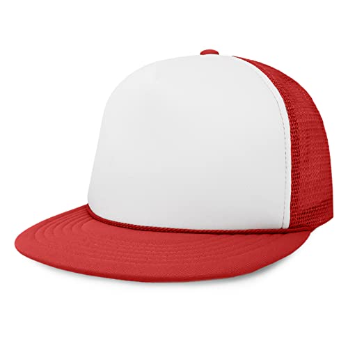 DALIX Flat Billed Trucker Hat Mesh Back S M L Adjustable Cap Solid Two Toned Snapback - color: Red-white, size: One Size