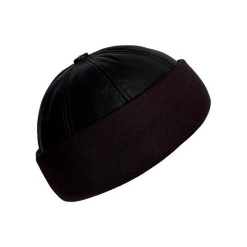 Lukkizara Winter Sheepskin Leather Fur Knit Beanie Cuff Round Bucket Winter Ski Hat - color: Dark Coffe