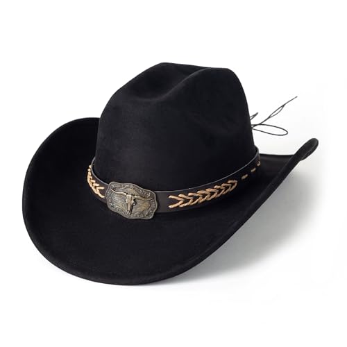 Western Cowboy Hat for Women Men Retro Suede Hat - color: Black-square Bull Buckle