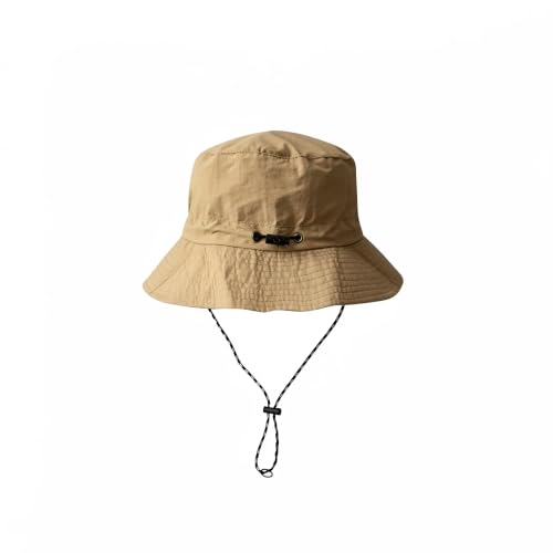 Unisex Foldable Bucket Hat Sun Protection Packable with Windproof Chin Strap & Storage Pouch for Hiking Fishing Camping - color: Khaki