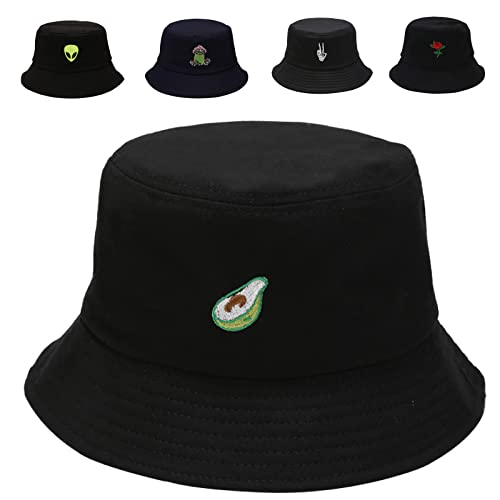 Cotton Bucket Hat for Women Men Summer Travel Sun Beach Bucket Cap, Unisex Outdoor Fisherman Hat - color: Avocado Black