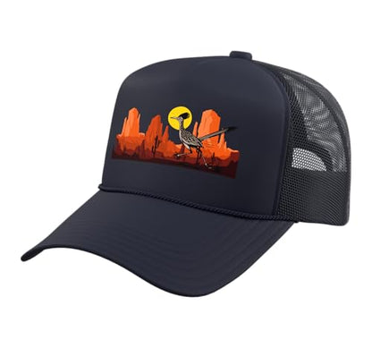 Roadrunner Bird Desert Vibes Arizona New Mexico Nevada Trucker Hat with Adjustable Mesh Back - color: Navy Blue