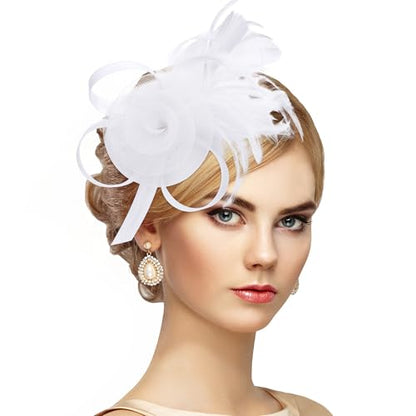 Zinniday Victorian Feather Fascinators Hats - 2025 Derby Attire Headwear with Hairpin,1920s Tea Party Hat for Woman - color: White