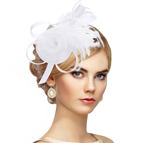 Zinniday Victorian Feather Fascinators Hats - 2025 Derby Attire Headwear with Hairpin,1920s Tea Party Hat for Woman - color: White