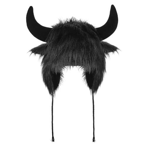 XGOPTS Winter Faux Fur Plush Hat with Horns Warm Animal Horn Ox Earflap Hat - color: Black