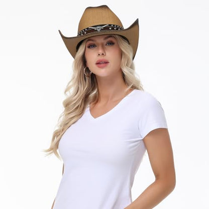 WQWOVRVO Cowboy Hat,Cowgirl hat,Brown Cowboy Hats for Women/Mens Straw Wide with Shapeable Brim Western Cowboy Hat for Womens - color: Brown & Coffee Color