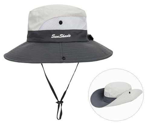Sun Hat for Women Summer UV Protection Beach Hat with Ponytail Hole - color: Beige Grey(with Ponytail Hole)