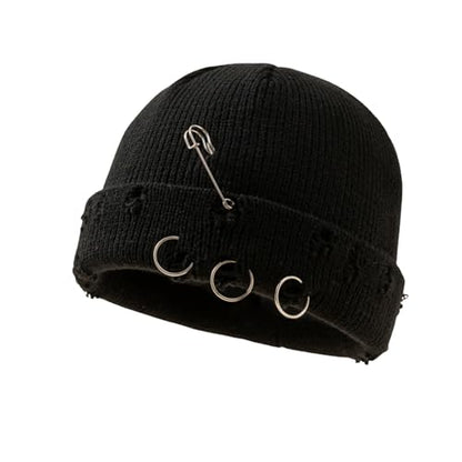 Unisex Adult Hip-hop Distressed Beanie with Iron Ring Punk Grunge Knitted Ripped Hat - color: Black