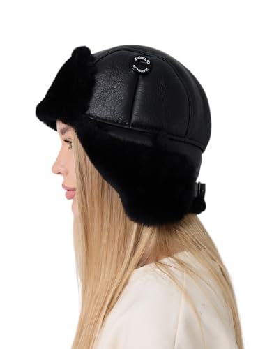 Winter Trapper Fur Hat for Women Men - Trooper Aviator Genuine Leather Shearling Sheepskin Ushanka Hat - color: Solid Black, size: XX-Large