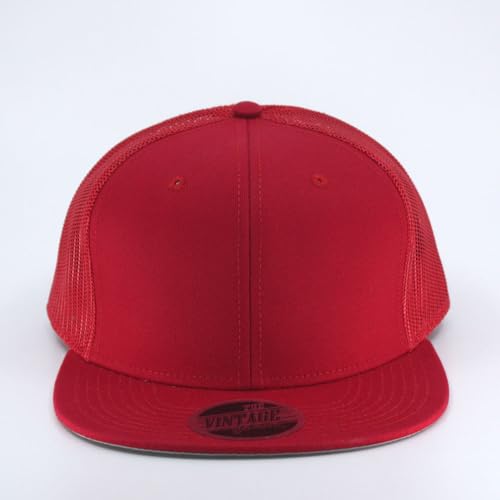 Plain Cotton Twill Flat Brim Mesh Adjustable Snapback Trucker Baseball Cap - color: Red