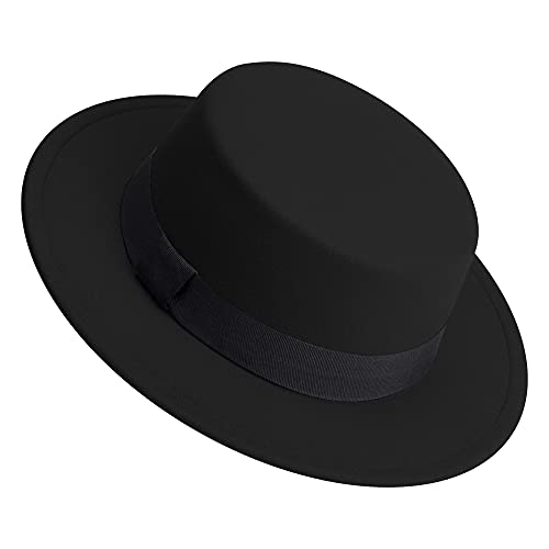Classic Fedora Hat Flat Top Hat Felt Pork Pie Hat Wide Brim Church Derby Cap for Women and Men - color: Black