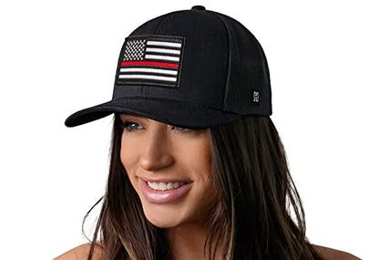 HAKA American Flag Hat | USA Mesh Trucker Snapback Comfort Baseball Cap - color: Black, style: Thin Red Line - (White Stripes)