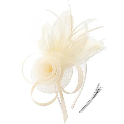 DRESHOW Fascinators Hats for Women Tulle Feather Tea Party Fascinator Hats - color: Cream White