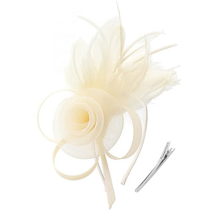 DRESHOW Fascinators Hats for Women Tulle Feather Tea Party Fascinator Hats - color: Cream White