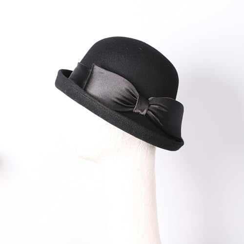 Women Solid Color 100% Wool Winter Hat Women Cloche Bucket Bowler with Bowknot - color: Black 1