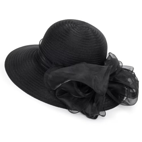 Kentucky Organza Sun Hat Summer Derby Hat Women Bowler Church Fascinators for Tea Party Wedding Cocktai - color: Black-bowknot