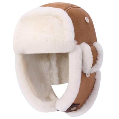 Harssidanzar Aviator Hat for Men Women Genuine Sheepskin Shearling Leather Winter Warm Trapper Hat CU603US - color: Camel, size: X-Large