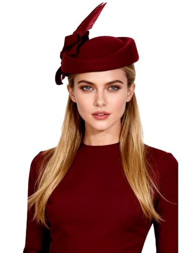 HIMESPORT Wool Felt Fascinators Hats Women Ladies Wedding Cocktail Tea Party Church Derby Cap Pillbox Hat with Feather - color: Burgundy