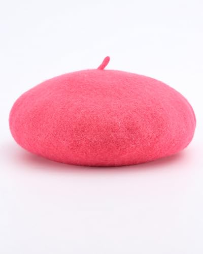 French Beret Hats for Women - Wool Solid Color Beanie Cap - color: Hot Pink