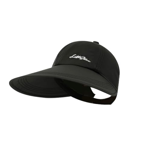 Sun Hats for Women Outdoor Wide Brim UV Protection Hollow Top Summer Beach Packable Visor with Ponytail-Hole - color: Black