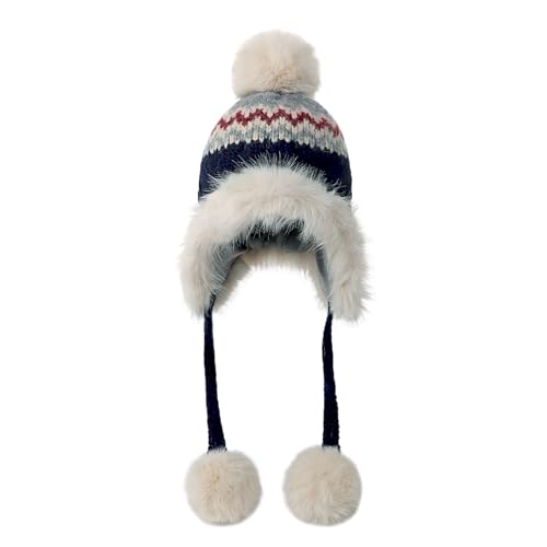 Women Winter Warm Knit Beanie Earflap Hat with Pompom Plush Lined Russian Ushanka Trapper Hat Thermal Windproof Ski Snow Cap - color: Navy Blue