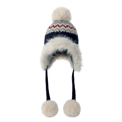 Women Winter Warm Knit Beanie Earflap Hat with Pompom Plush Lined Russian Ushanka Trapper Hat Thermal Windproof Ski Snow Cap - color: Navy Blue
