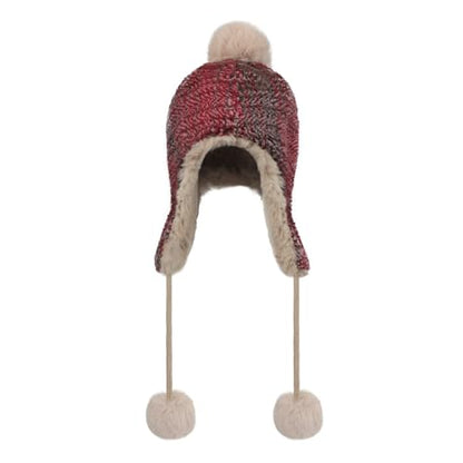 Holiberty Womens Winter Knit Beanie Hat Ladies Fur Pom Poms Ears Warm Slouchy Snow Ski Cap Fleece Thermal Ushanka Trapper Hat - color: Red, Striped