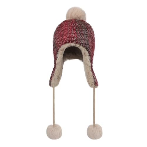 Holiberty Womens Winter Knit Beanie Hat Ladies Fur Pom Poms Ears Warm Slouchy Snow Ski Cap Fleece Thermal Ushanka Trapper Hat - color: Red, Striped