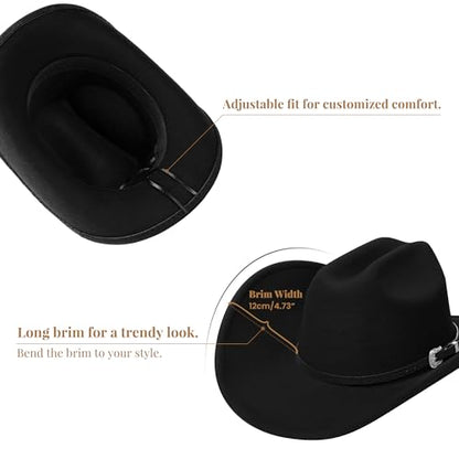 Cowboy Hats for Women and Men with Wide Brim Felt Western Hats for Cowgirls and Cowboys - color: Black