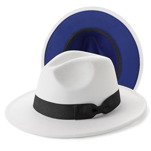 BABEYOND 1920s Fedora Hat for Men Gatsby Wide Brim Hat Felt Panama Cap - color: Bu/White-bl
