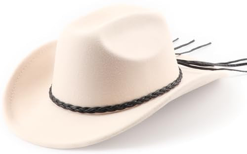 DRESHOW Western Cowboy Hat for Men Women Cowboy Cowgirl Hat Outdoor Wide Brim Retro Felt Fedora Hats Unisex Rolled up Caps - color: 1 Pack Style 8: Beige