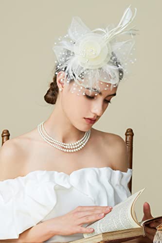 BABEYOND Fascinators Hats for Women Tea Party Flower Tulle Bead Derby Hat - color: Beige
