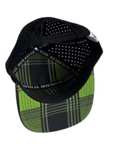 Black 6 Panel Snapback Hat with Green Logo Plaid Underbrim