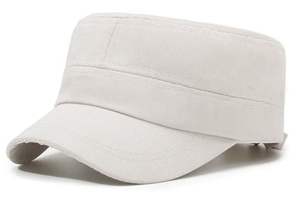 Washed Cotton Flat Top Military Cap for Unisex - color: Beige